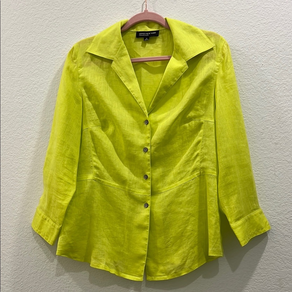 Jones New York 100% Linen Yellow Button Down Shirt with Notched Collar Size 12
